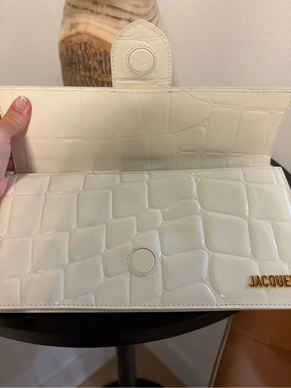 Jacquemus White Croc-Embossed Bambino Long Shoulder Bag with Gold Logo